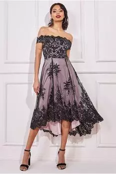 Бардо, высокая миди с пайетками и кружевом Goddiva, черный