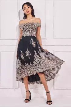 Бардо, высокая миди с пайетками и кружевом Goddiva, золото