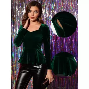 Бархатная блузка для женщин, элегантный топ с баской и вырезом в форме сердца, длинными рукавами ALLEGRA K