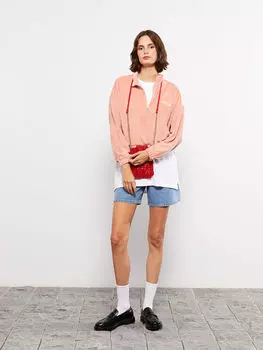 Бархатная Женская толстовка с высоким воротником и длинными рукавами с вышивкой LCW Casual