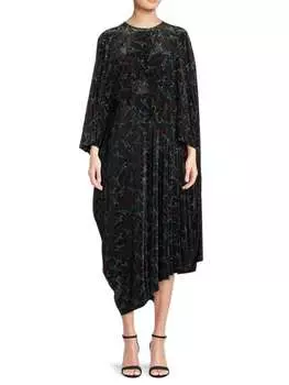 Бархатное асимметричное платье-миди Balenciaga с абстрактным принтом, черный