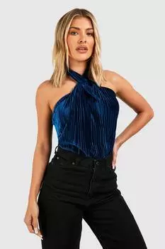 Бархатное боди с халтером и плиссами Boohoo, бирюзовый