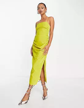 Бархатное горчичное платье миди со шнуровкой на спине ASOS DESIGN