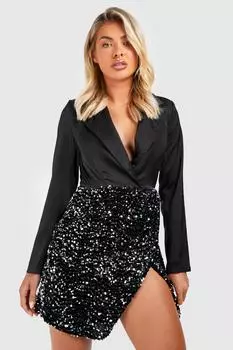 Бархатное контрастное пиджак платье с пайетками Boohoo, черный