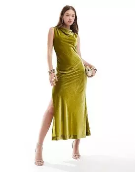 Бархатное макси-платье с драпировкой-капюшоном зеленого цвета & Other Stories
