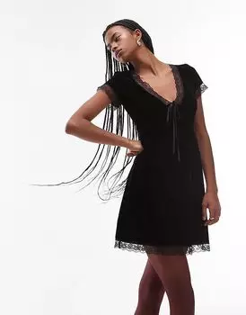 Бархатное мини-платье с кружевной отделкой по краю черного цвета Topshop