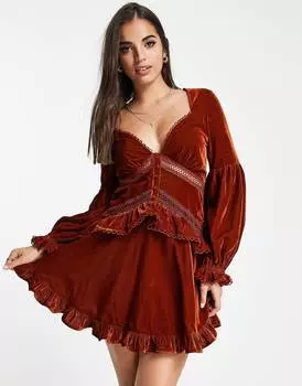 Бархатное мини-платье с кружевной вставкой и пуговицами ASOS DESIGN