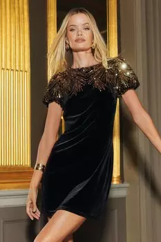 Бархатное мини платье с рукавами фонариками и пайетками Lipsy, черный