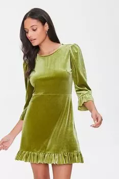 Бархатное мини-платье с воланами Forever 21, оливковый