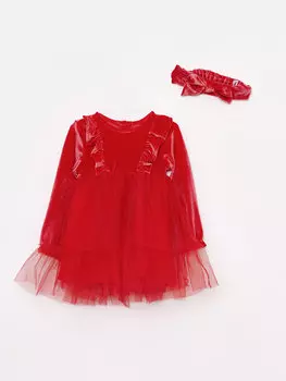 Бархатное платье для маленьких девочек с круглым вырезом и длинными рукавами, комплект из 2 штук LCW baby, яркий красный