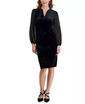 Бархатное платье-футляр Petite с разрезом на шее Connected, черный