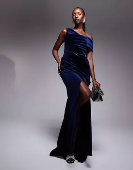 Бархатное платье макси премиум-класса с драпировкой на плечах темно-синего цвета ASOS DESIGN