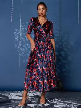 Бархатное платье макси с цветочным принтом Jolie Moi, темно-синий