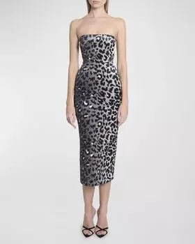 Бархатное платье миди без бретелек с принтом Alex Perry, цвет Silver Leopard