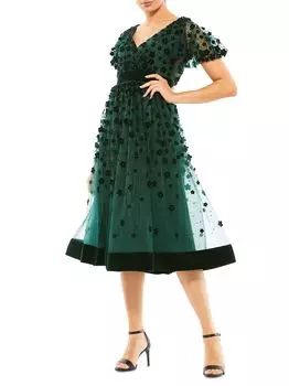Бархатное платье-миди с цветочным декором Mac Duggal, зеленый