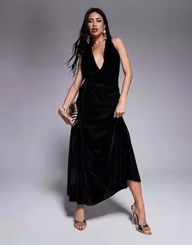 Бархатное платье миди с глубоким вырезом и драпировкой на поясе черного цвета ASOS DESIGN