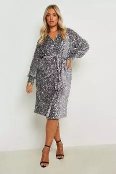 Бархатное платье миди с пайетками Boohoo, серебряный