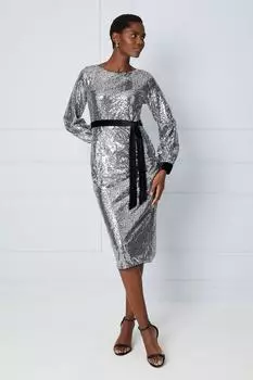 Бархатное платье миди с пайетками и завязками Wallis, черный