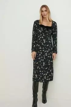 Бархатное платье миди с принтом и бантом Oasis, черный