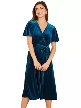 Бархатное платье миди с запахом Yumi, бирюзовый