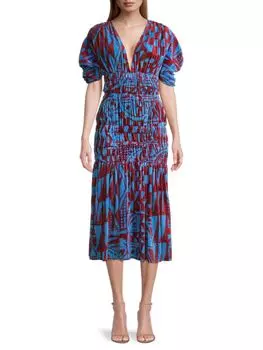 Бархатное платье миди со сборками Stella Jean, цвет Blue Multi