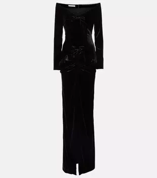 Бархатное платье с открытыми плечами и отделкой бантом Alessandra Rich, черный