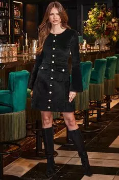 Бархатное платье с расклешенным низом и карманом на пуговице Sosandar, черный