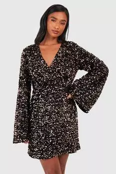 Бархатное платье с запахом и расклешенными рукавами Petite boohoo, черный