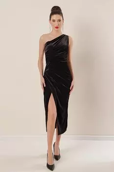 Бархатное платье со сборками на одно плечо спереди, черное By Sayg, черный