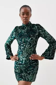 Бархатное тканое платье-трапеция с пайетками Karen Millen, зеленый