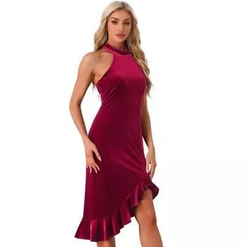 Бархатное вечернее платье для женщин, коктейльное платье без рукавов с лямкой на шее и рюшами с высоким низким подолом ALLEGRA K, цвет Burgundy