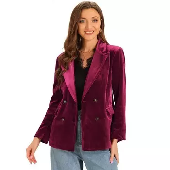 Бархатные блейзеры для женщин. Двубортный пиджак с длинными рукавами и зубчатыми лацканами. ALLEGRA K, цвет Dark Red