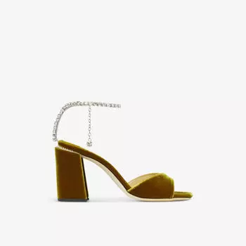 Бархатные босоножки Saeda на каблуке с кристаллами Jimmy Choo, цвет citrine/crystal