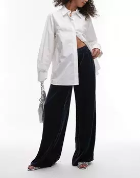 Бархатные джоггеры с завязкой на талии в сине-сером цвете Topshop