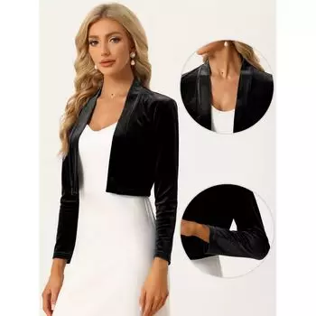 Бархатные плечи для женщин, кардиган с длинными рукавами и открытой передней частью, укороченная куртка-болеро ALLEGRA K, черный