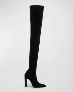 Бархатные сапоги Auteuil выше колена стилето Saint Laurent, цвет Nero