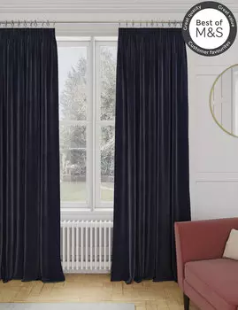 Бархатные смарт-шторы со складками-карандашами с температурой Marks & Spencer, темно-синий