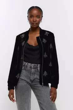 Бархатный бомбер с украшениями River Island, черный