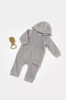 Бархатный комбинезон на молнии с капюшоном BabyCosy Organic Wear, серый