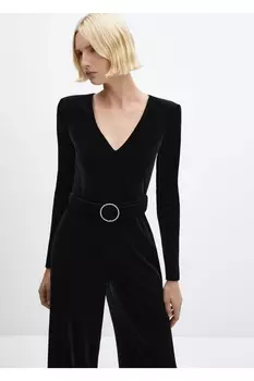 Бархатный комбинезон с поясом Mango, черный