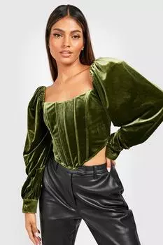 Бархатный корсетовый топ с бухными рукавами Boohoo, оливковый