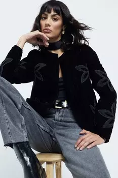 Бархатный пиджак халат с цветочным принтом River Island, черный