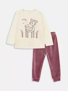 Бархатный пижамный комплект для маленьких девочек с круглым вырезом и длинными рукавами с принтом LCW baby, кремового цвета