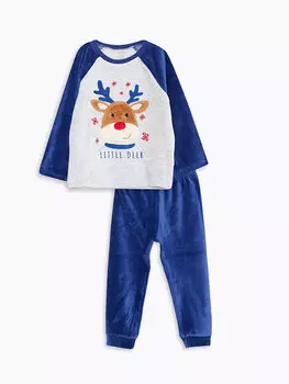 Бархатный пижамный комплект для маленьких мальчиков с круглым вырезом и длинными рукавами LCW baby, кремово-белыймеланж