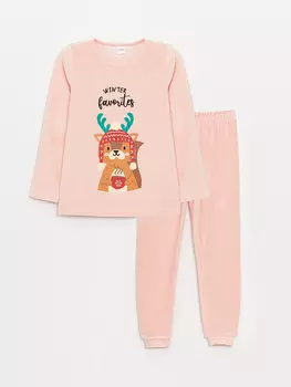 Бархатный пижамный комплект с длинными рукавами и круглым вырезом для девочек в новогоднем стиле LCW Kids, розовый