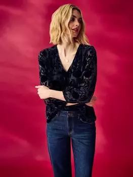 Бархатный топ Dorothy с цветочным принтом Crew Clothing, темно-синий