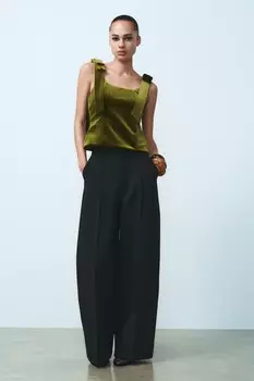 Бархатный топ с бантиками ZARA, зеленый/трава