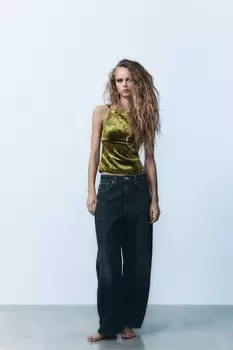 Бархатный топ с бантиками ZARA, зеленый/трава