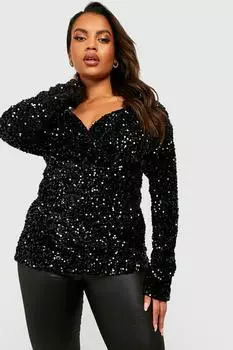 Бархатный топ с открытыми плечами и пайетками Boohoo, черный