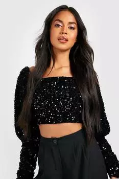 Бархатный топ с пайетками и рукавами Boohoo, черный